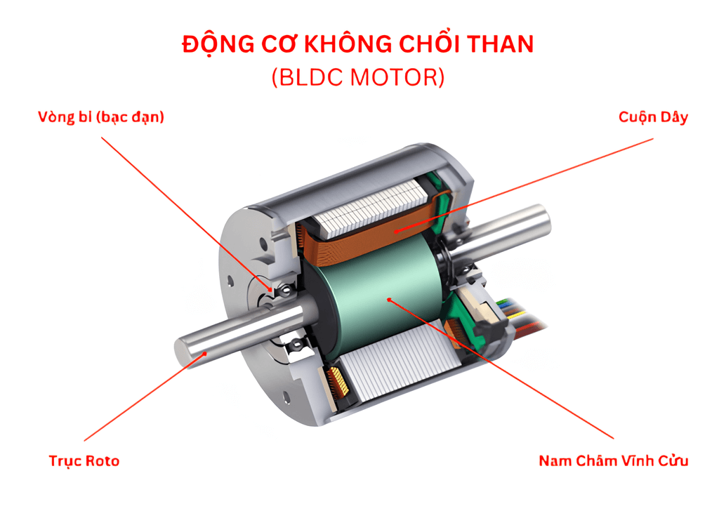 Loại động cơ này được hoạt động dựa vào từ trường vĩnh cửu và cảm biến xác định vị trí, không sử dụng chổi than nên có thể triệt tiêu được ma sát, giảm tiếng ồn cho động cơ máy vận hành êm ái, cũng đồng thời tiết kiệm điện hơn.